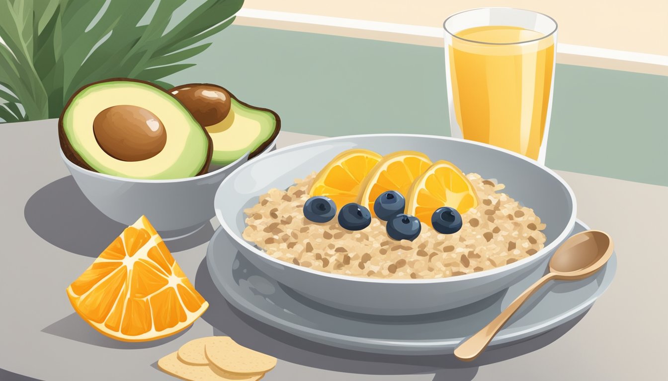 A bowl of oatmeal with fresh fruit, a glass of orange juice, and a plate of whole grain toast with avocado and eggs on a table