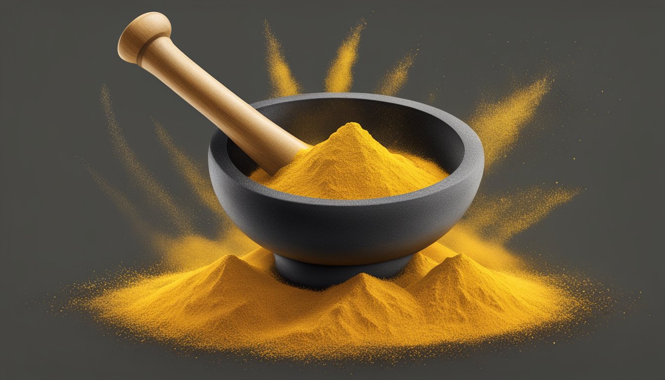 A mortar and pestle grinding turmeric root into a fine powder, with vibrant yellow dust swirling in the air