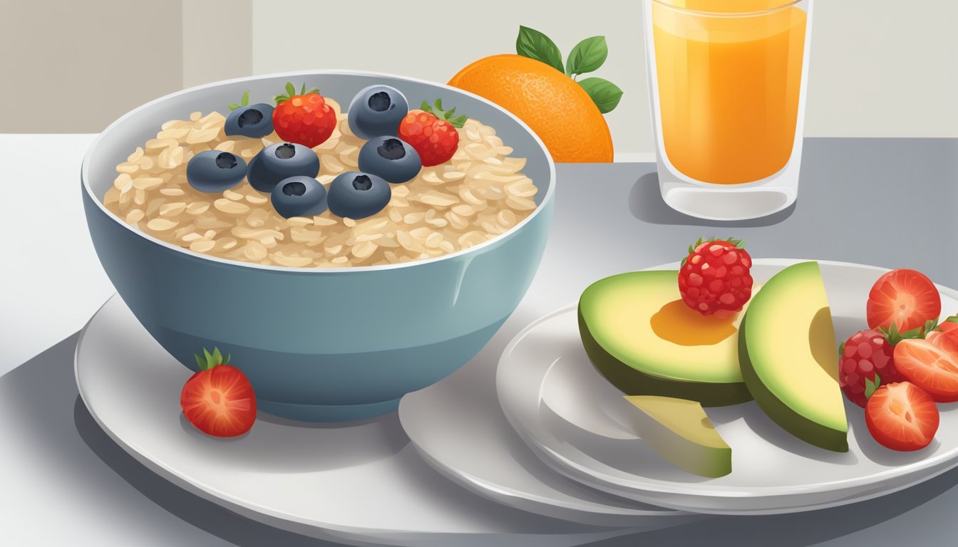 A bowl of oatmeal with fresh berries, a glass of orange juice, and a plate of whole grain toast with avocado and tomato