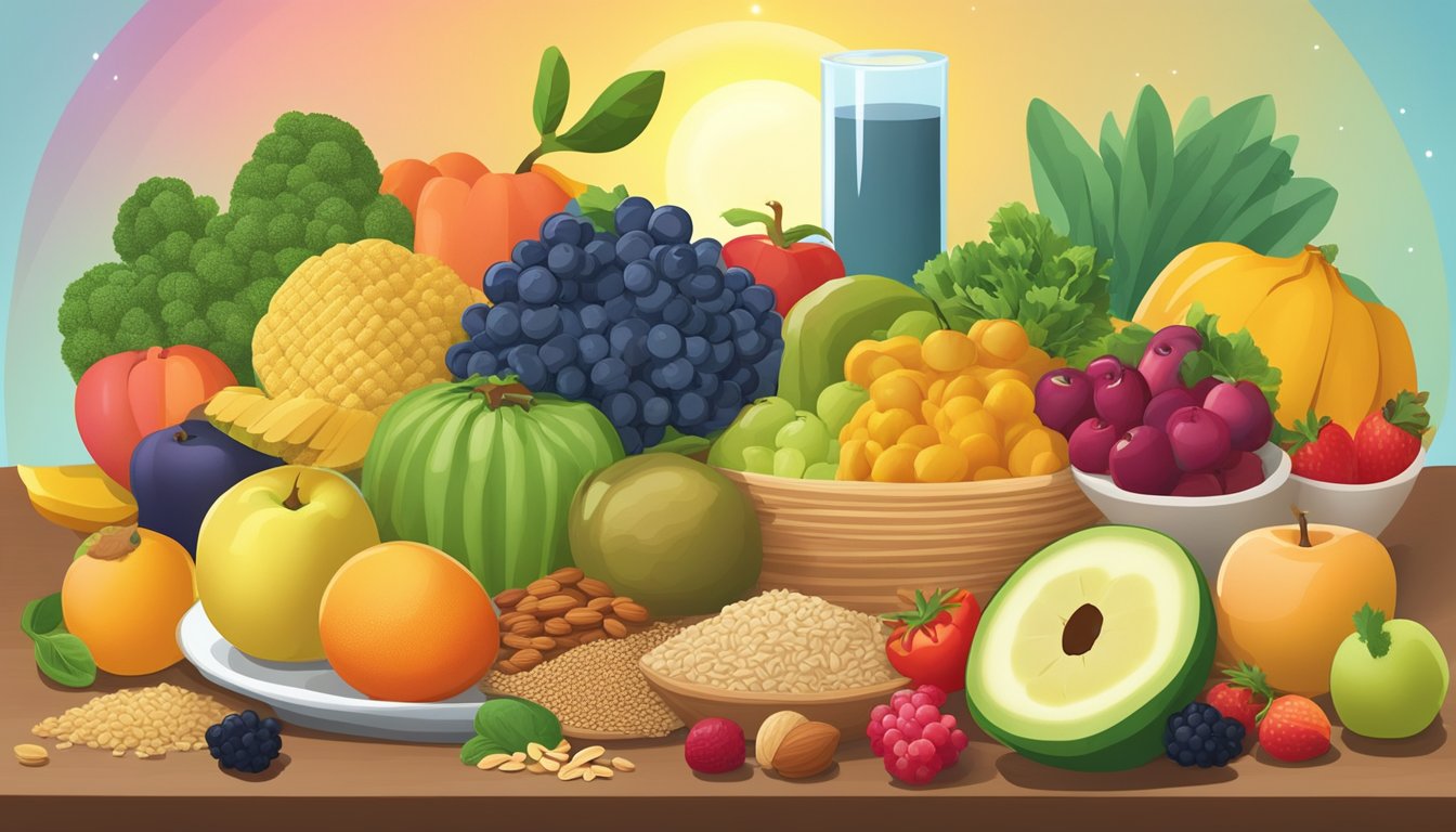 A colorful array of fruits, vegetables, nuts, and grains arranged on a table, with a glowing sun in the background, symbolizing the top 10 reasons to eat breakfast for a strong immune system