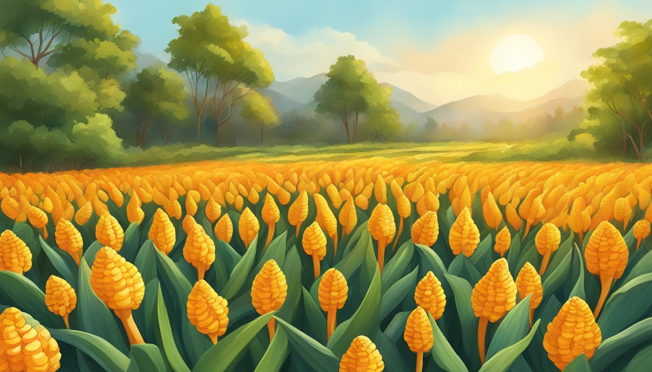 A vibrant field of turmeric plants, their golden leaves and orange roots radiating healing energy