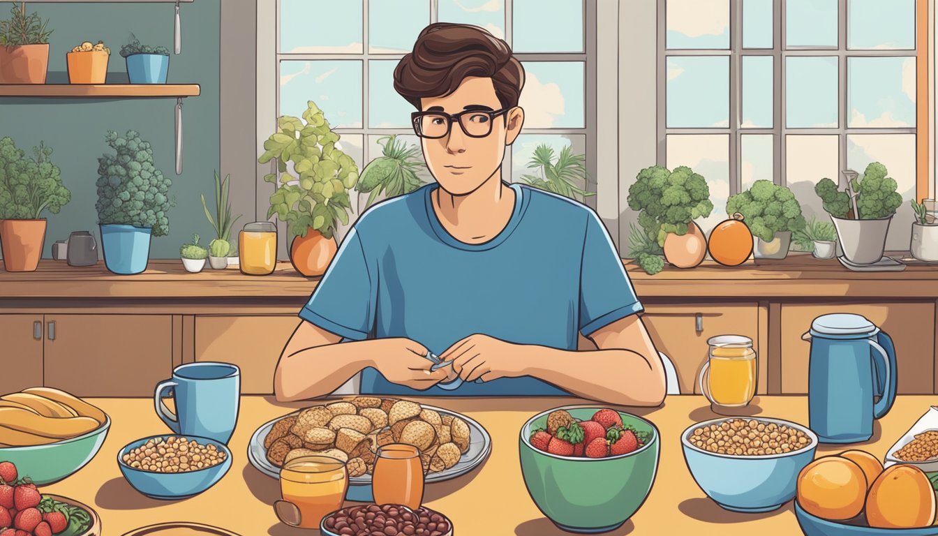 A person sitting at a table with a variety of breakfast foods in front of them, including fruits, eggs, and cereal. The person looks alert and focused as they prepare to eat