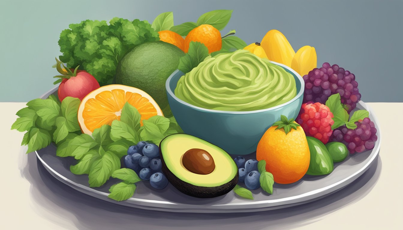 A small bowl of mashed avocado surrounded by colorful fruits and vegetables on a highchair tray