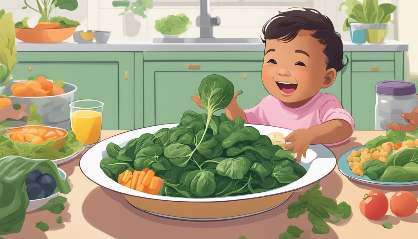 A colorful plate of steamed spinach surrounded by child-friendly foods, with a happy toddler reaching for a bite