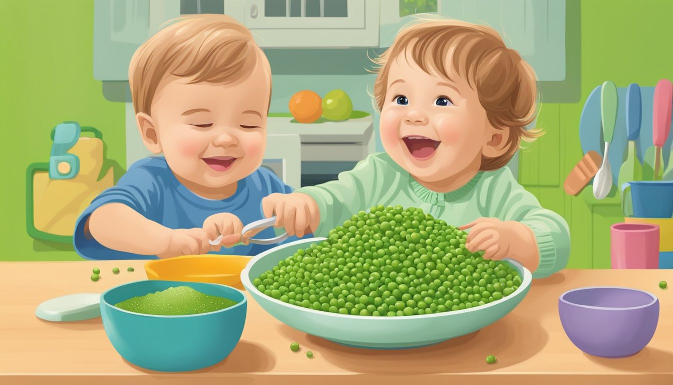 A colorful bowl of puréed peas surrounded by child-friendly utensils and a happy, smiling 18-month-old toddler eagerly reaching for the food