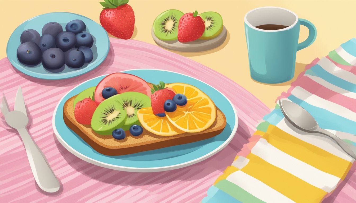 A plate of whole grain toast with colorful fruit slices on a child-friendly plate, set on a cheerful placemat