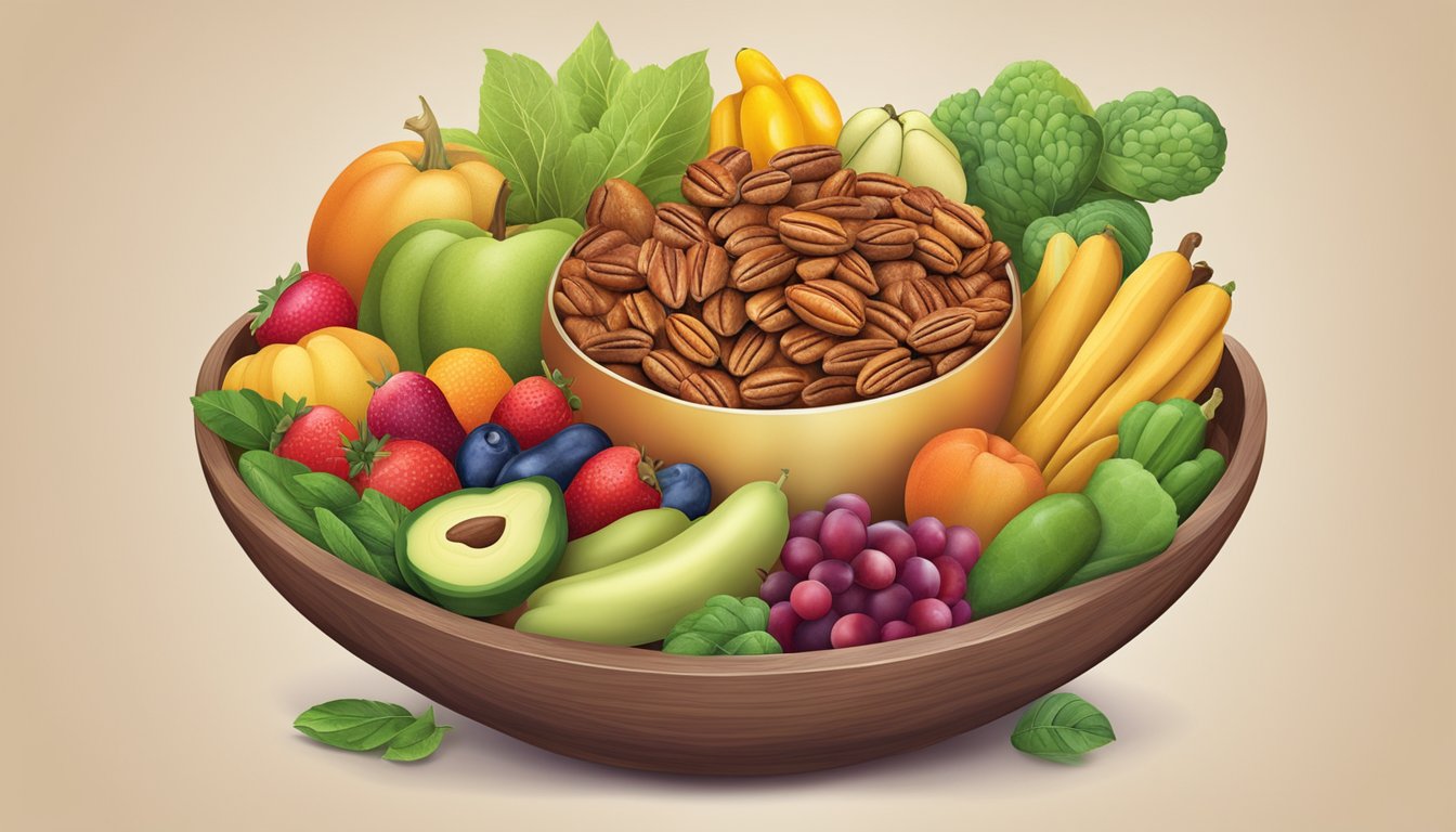 A bowl of pecans surrounded by colorful fruits and vegetables