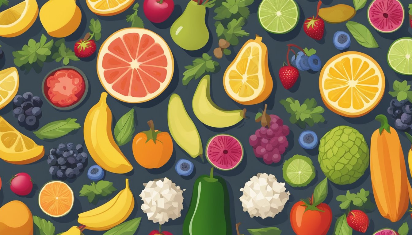 A colorful array of fruits, vegetables, and whole grains on a table, surrounded by a variety of healthy food options, with a focus on balanced nutrition and natural ingredients