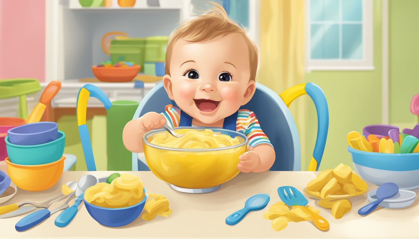 A bowl of mashed bananas surrounded by colorful, child-friendly utensils and a happy, content 18-month-old toddler sitting in a high chair