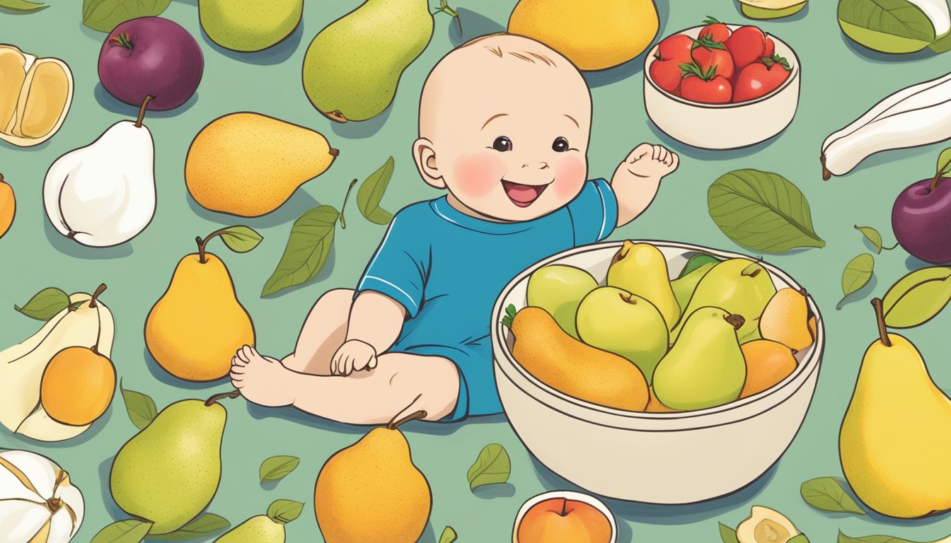 A bowl of diced Bartlett pears surrounded by other toddler-friendly foods, with a happy 18-month-old reaching for the fruit