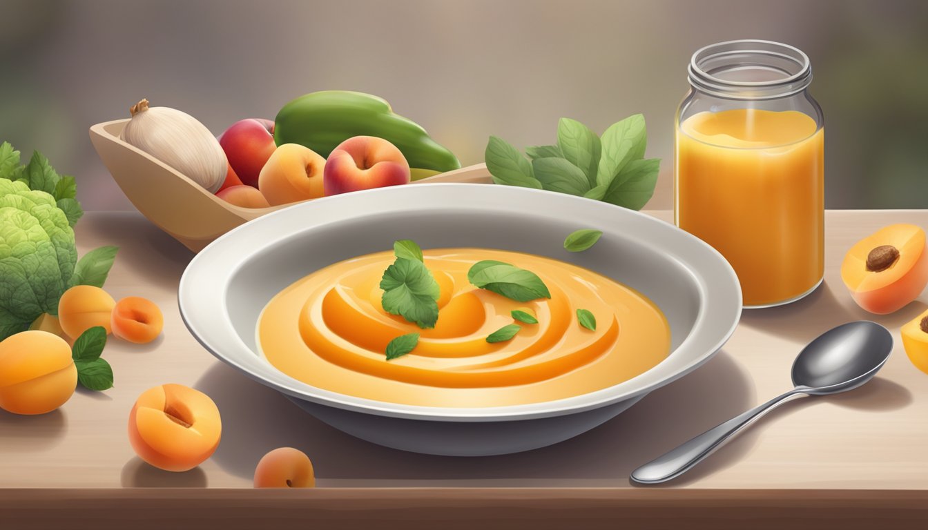 A bowl of apricot purée surrounded by colorful fruits and vegetables, with a spoon and high chair in the background