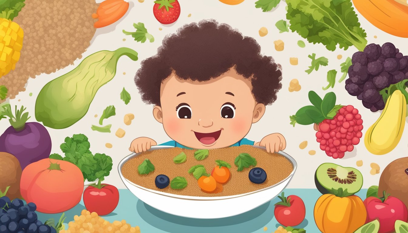 A colorful bowl of cooked quinoa surrounded by child-friendly fruits and vegetables, with a happy toddler nearby