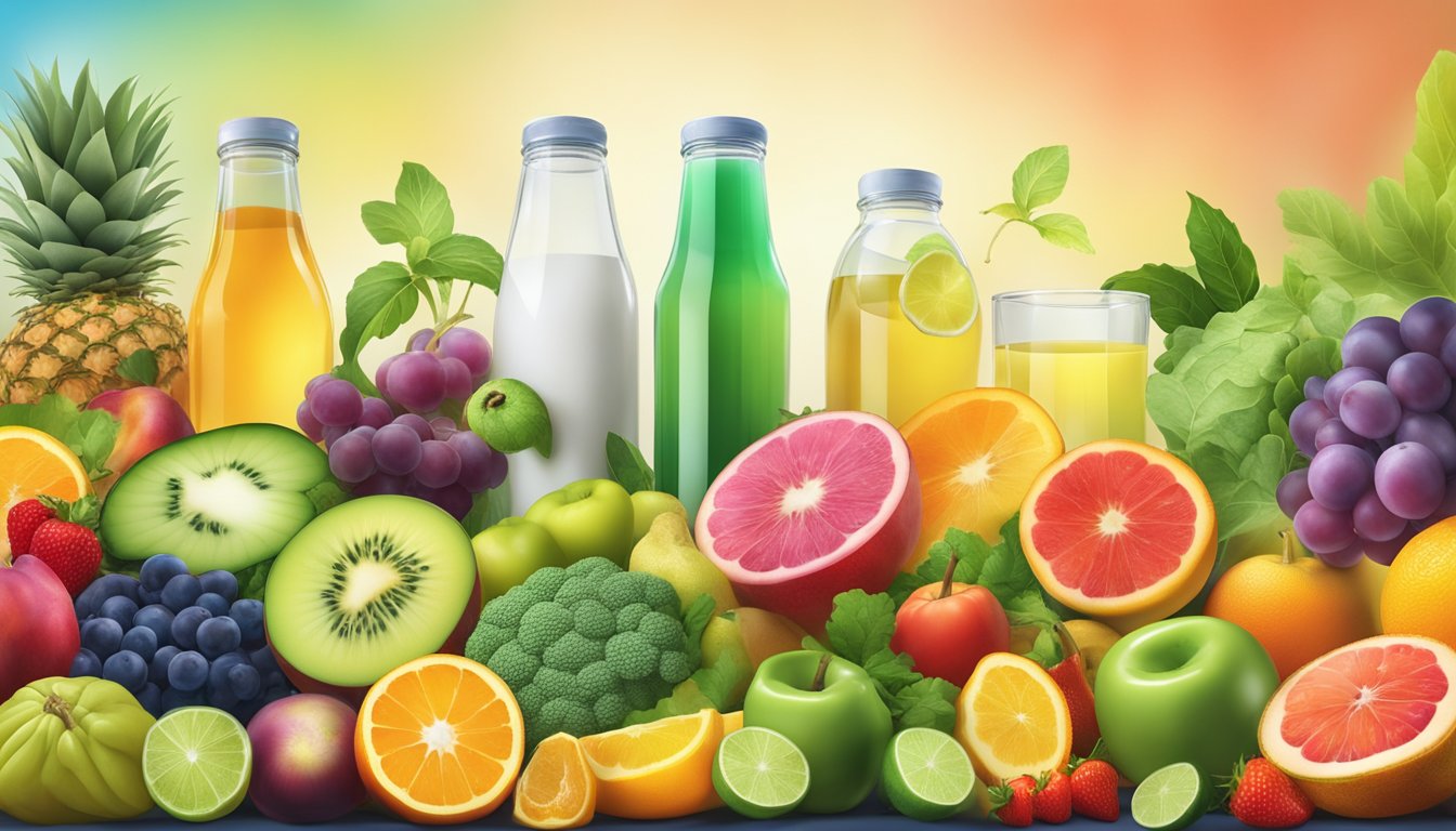 A vibrant array of fruits, vegetables, and water surrounded by a glowing aura, symbolizing the impact of hydration and top power foods on rapid recovery and healing