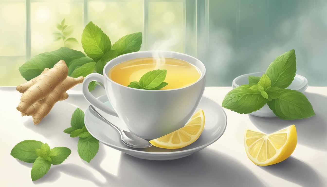 A steaming cup of ginger tea surrounded by fresh ginger root, lemon slices, and a sprig of mint, set against a calming backdrop of soft, diffused light