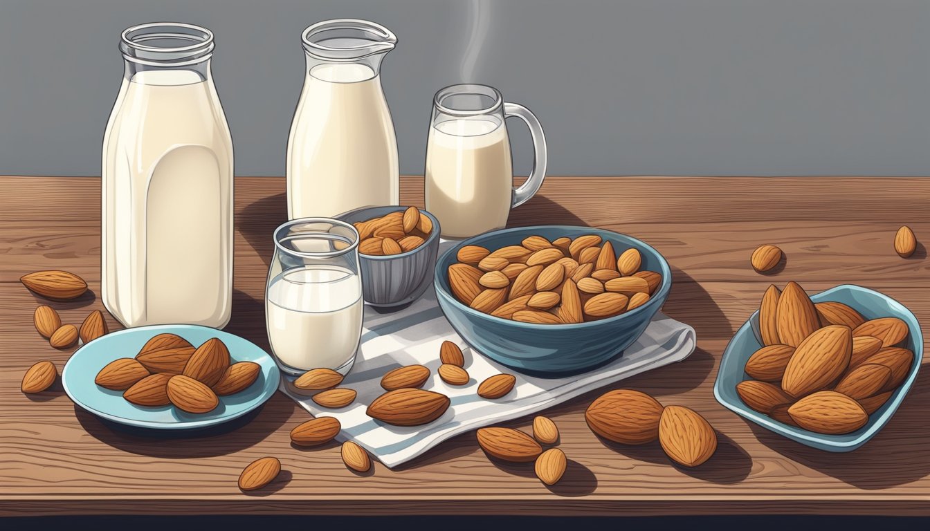 A glass of almond milk surrounded by various vertigo-relieving foods on a wooden table