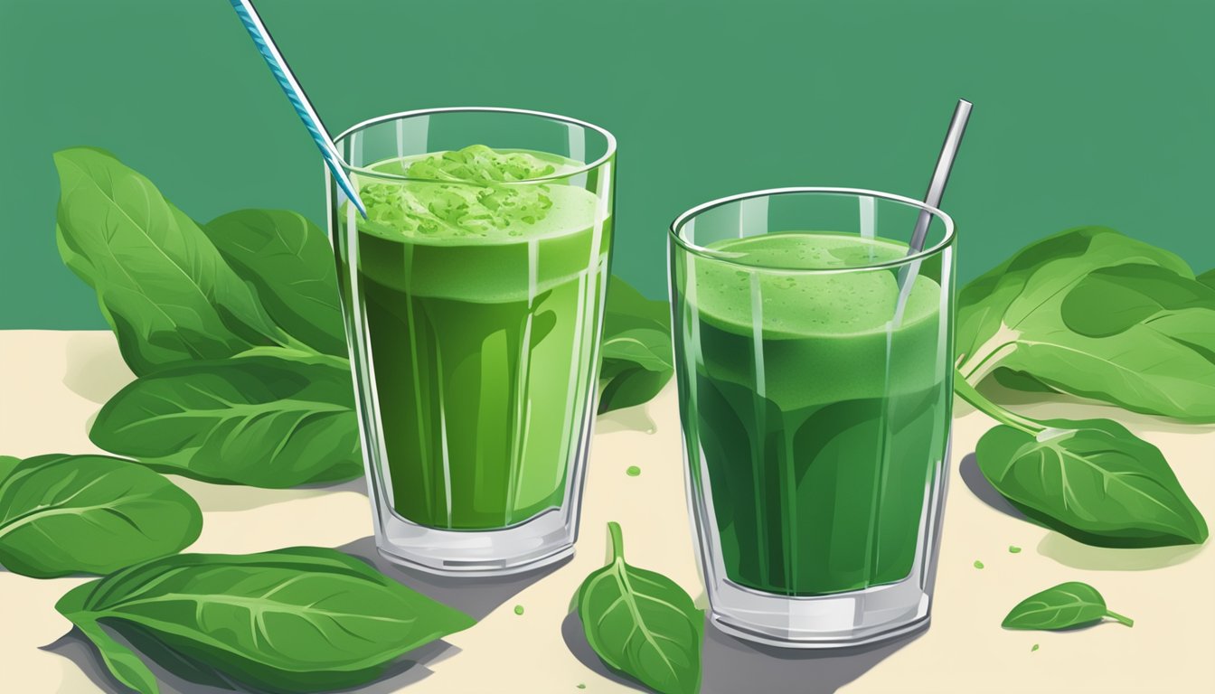 A glass of green spinach smoothie surrounded by fresh spinach leaves and a spinning sensation in the background