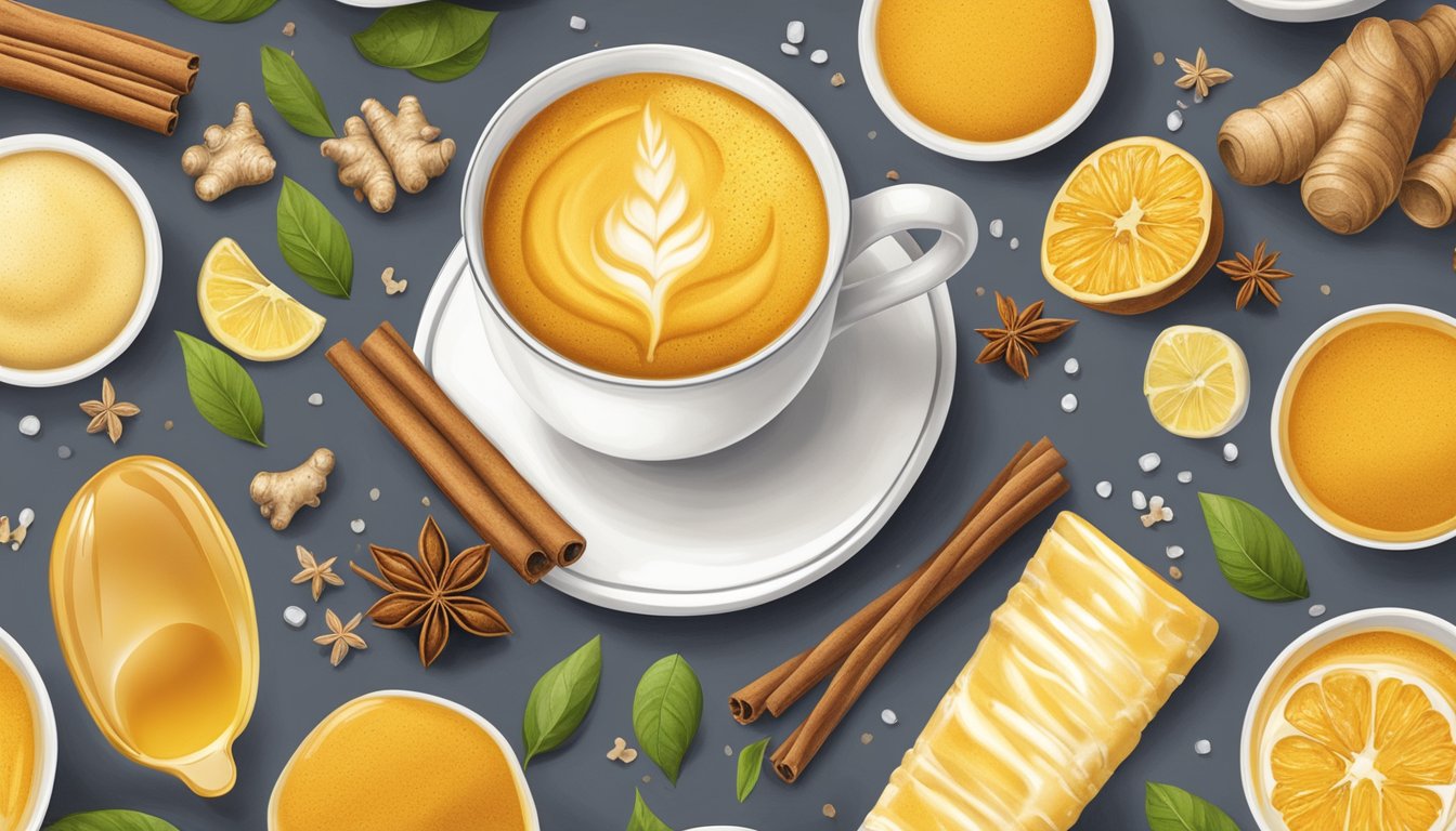 A steaming turmeric latte surrounded by balancing ingredients like ginger, cinnamon, and honey