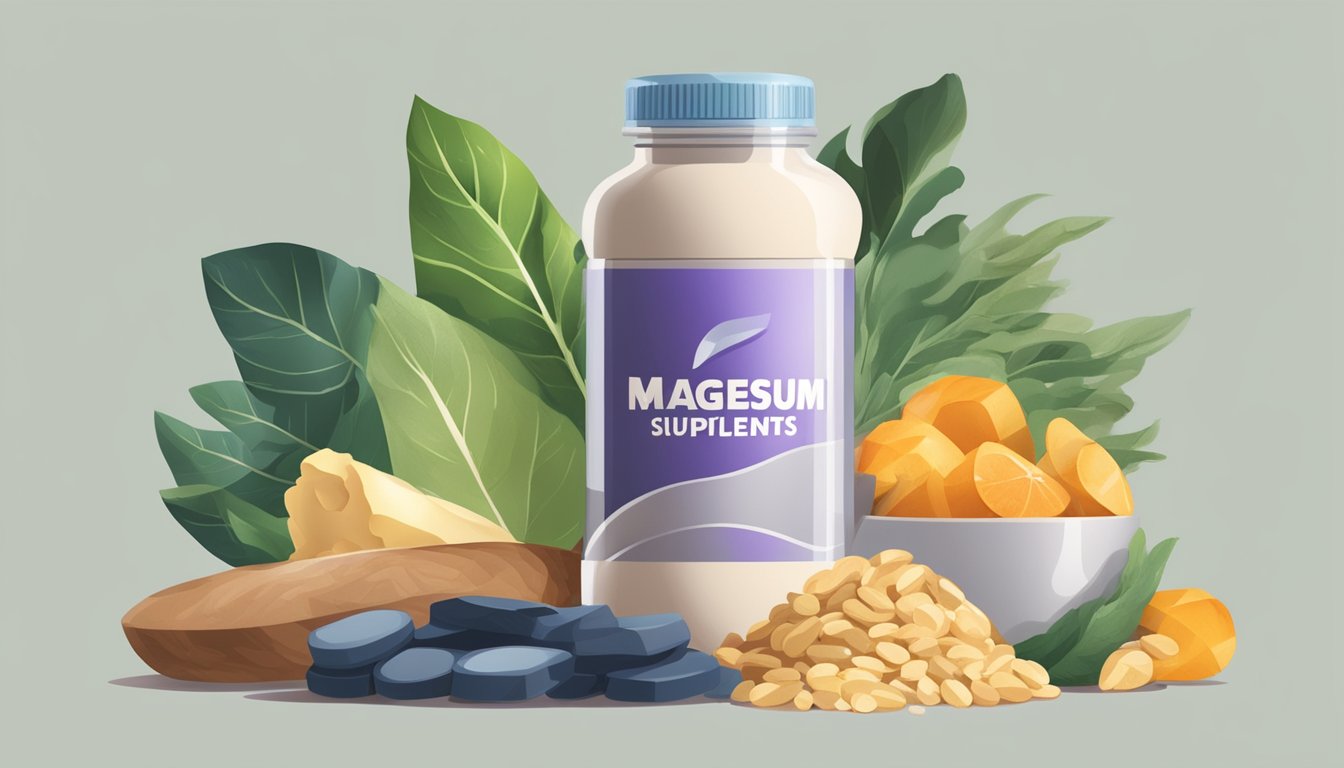 A bottle of magnesium supplements surrounded by various foods rich in the mineral, with a muscular arm flexing in the background