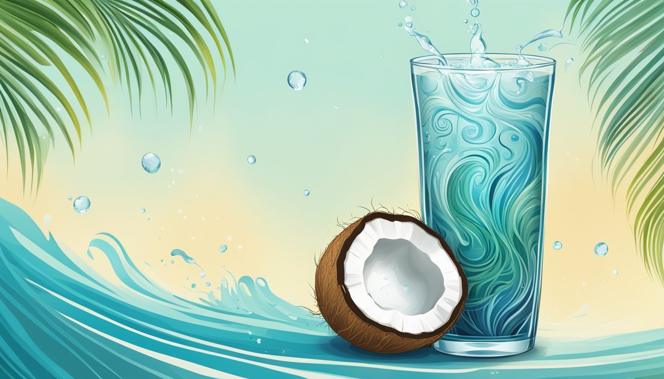 A tall glass of coconut water surrounded by swirling patterns representing vertigo relief and balance restoration