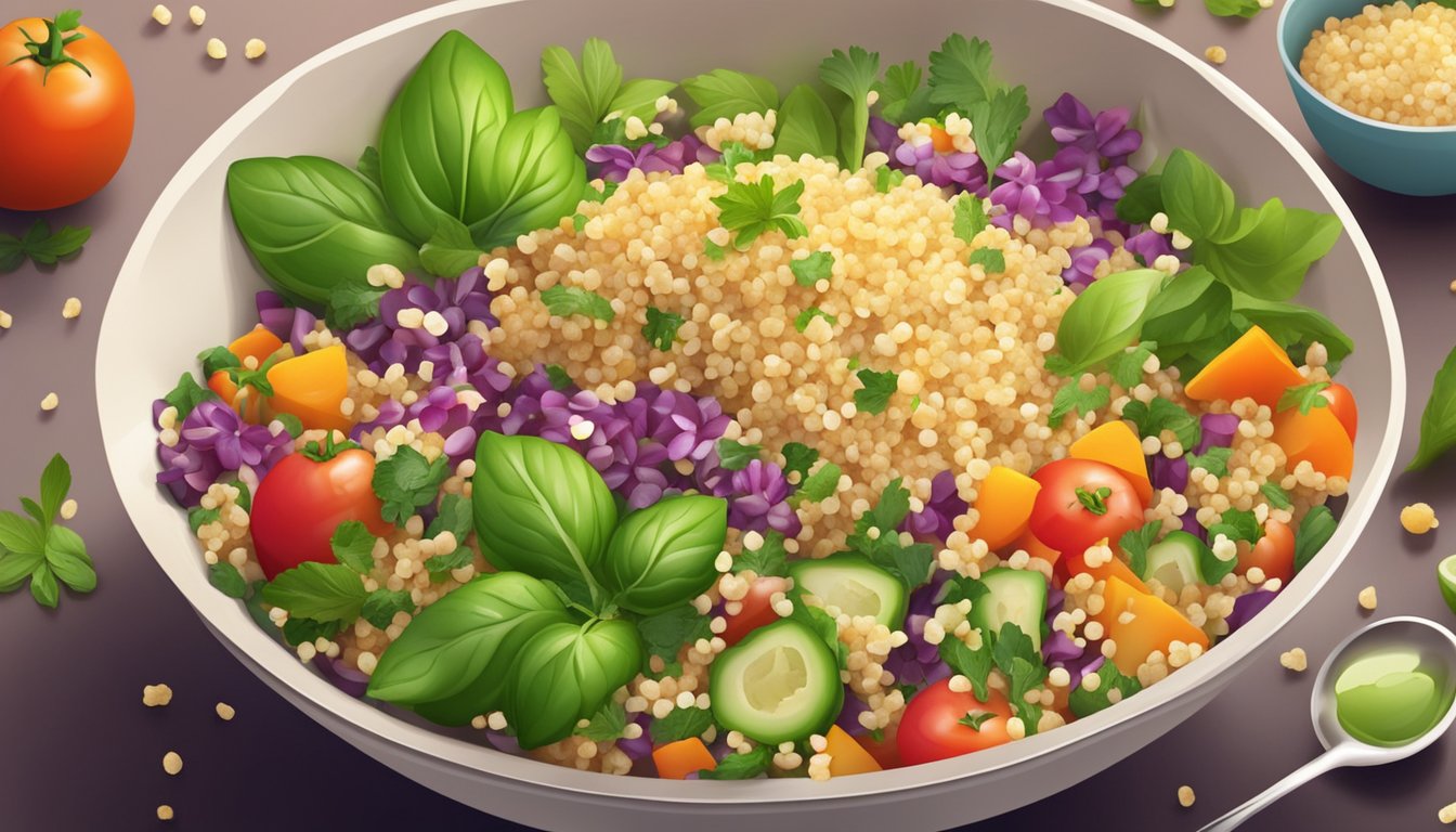 A colorful bowl of quinoa salad surrounded by fresh vegetables and herbs, with a soothing and calming atmosphere