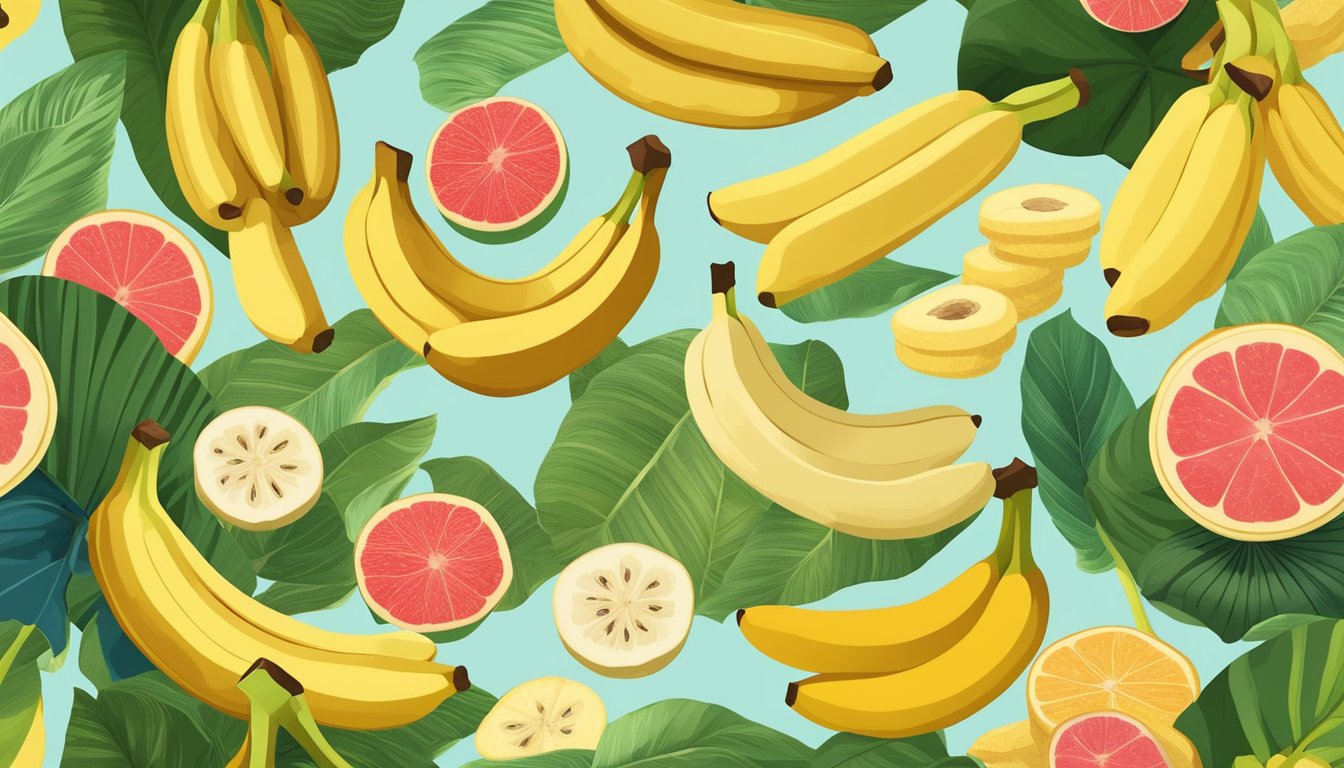 A colorful array of bananas, surrounded by other vertigo-relieving foods, set against a serene backdrop of nature