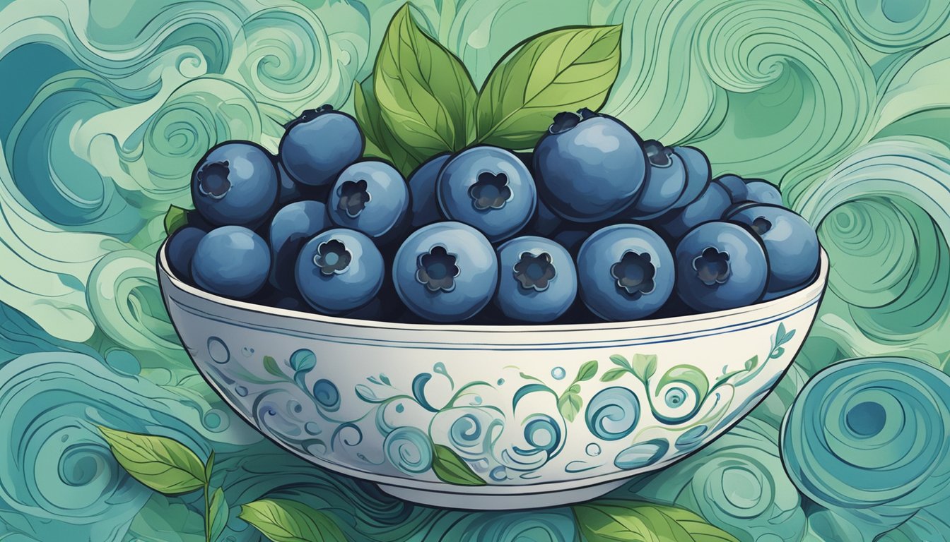 A bowl of fresh blueberries surrounded by spinning swirls of blue and green, evoking a sense of relief and balance