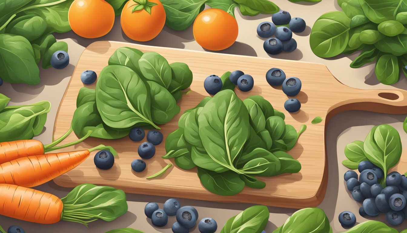 A colorful array of fresh spinach, carrots, and blueberries arranged on a wooden cutting board, surrounded by bright natural light