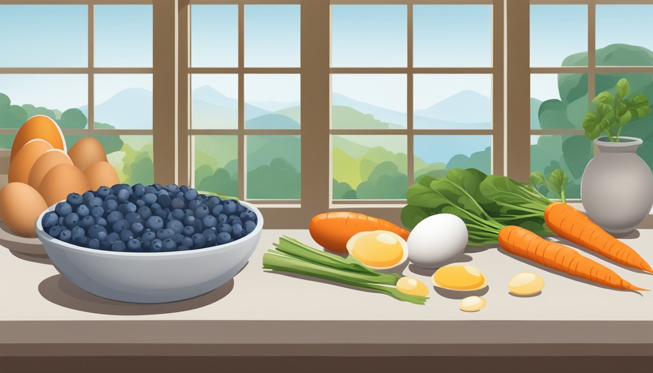 A colorful array of eggs, carrots, spinach, and blueberries arranged on a table, with a bright, open window in the background