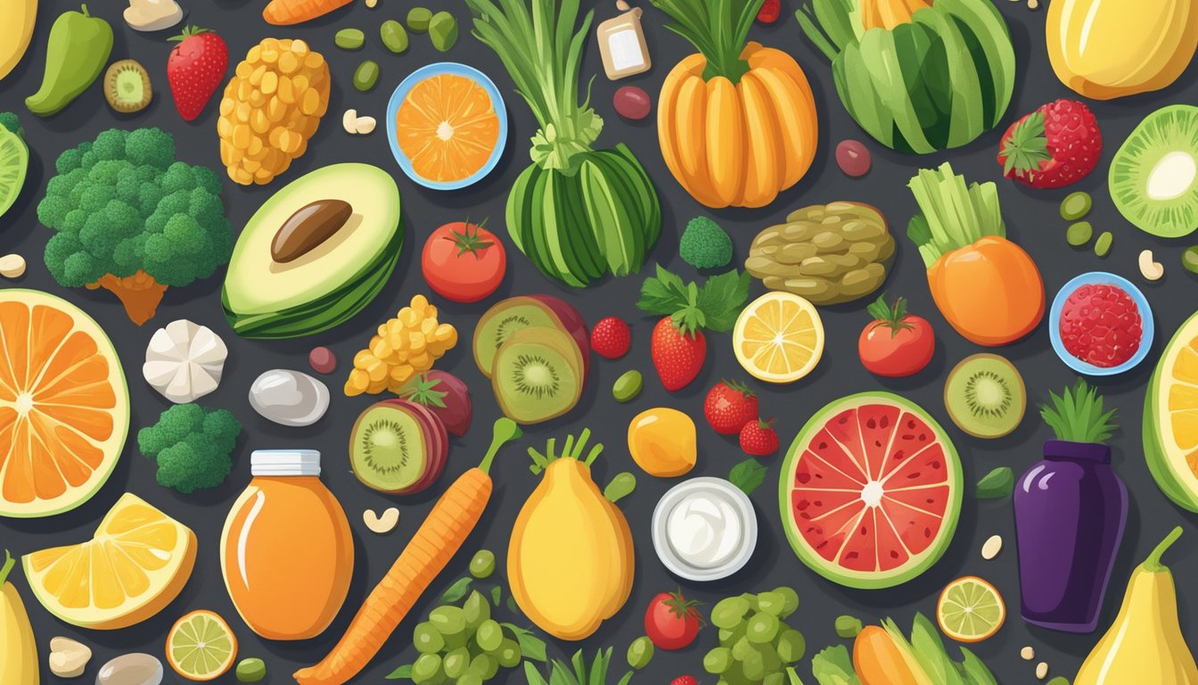 A colorful array of fruits, vegetables, and whole grains, surrounded by bottles of vitamins and supplements, with a serene and peaceful backdrop