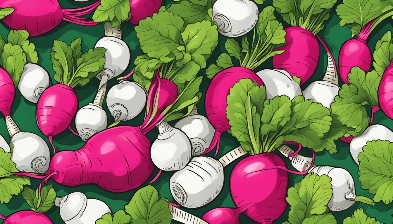 A vibrant pile of radishes surrounded by fresh green leaves and a measuring tape, symbolizing weight loss and healthy eating