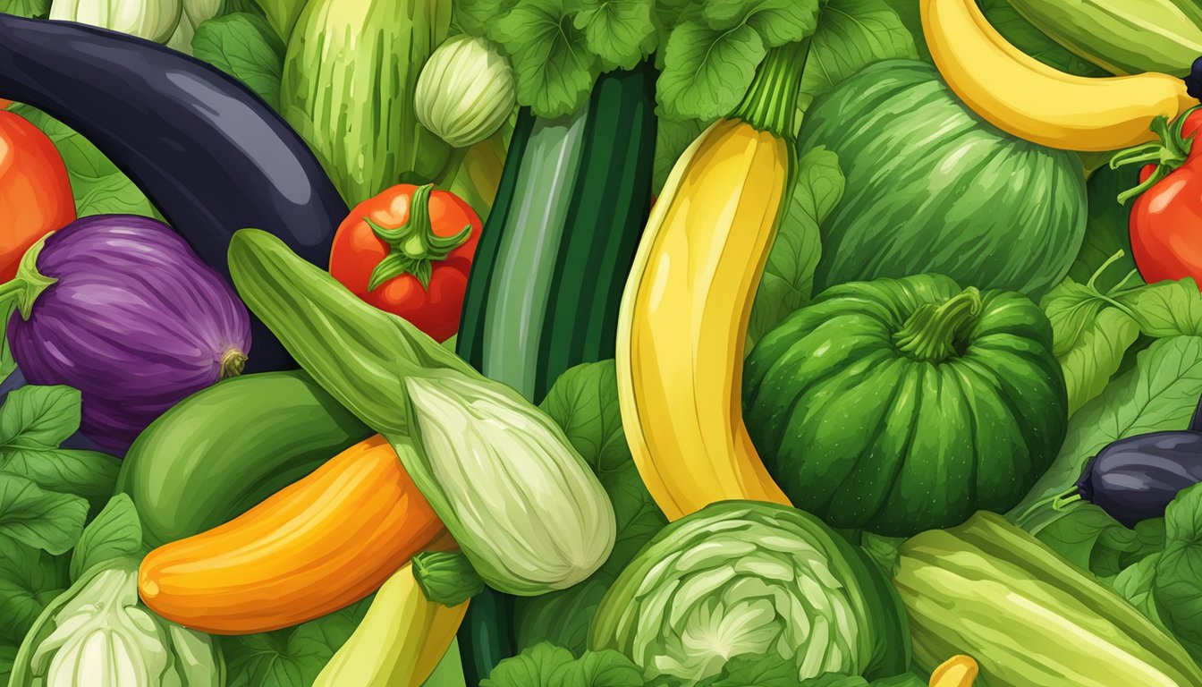 A vibrant assortment of zucchinis arranged in a dynamic composition, surrounded by fresh green leaves and a burst of energy