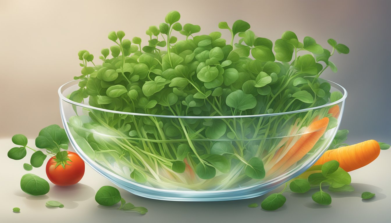 A vibrant bunch of watercress floating in a clear glass bowl, surrounded by other colorful, nutrient-rich vegetables