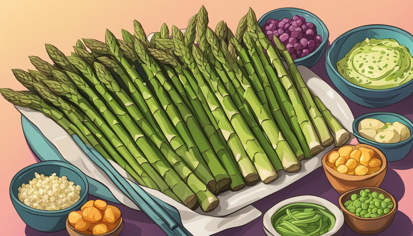 Fresh asparagus arranged in a vibrant display, surrounded by other colorful and healthy zero-calorie foods