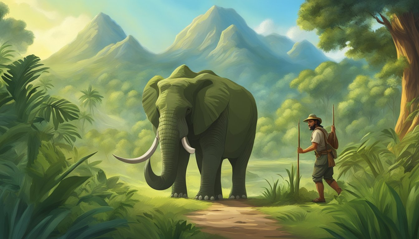 A prehistoric hunter gathers plants and hunts animals for food in a lush, green landscape