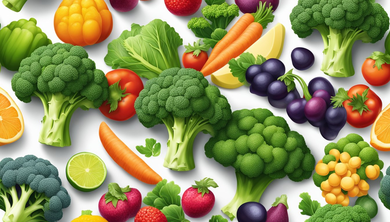 A vibrant pile of fresh broccoli surrounded by colorful, nutrient-rich vegetables and fruits, all arranged on a clean, white surface