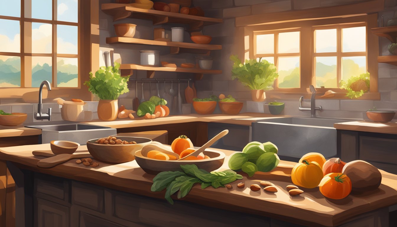 A rustic kitchen with fresh produce, nuts, and lean meats. A stone mortar and pestle sit on a wooden countertop. Sunlight streams through a window, casting a warm glow