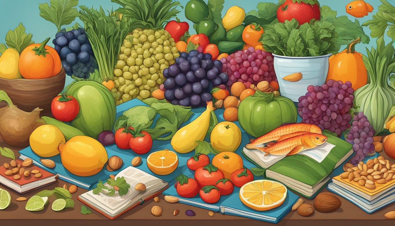 A table set with a variety of colorful fruits, vegetables, nuts, and fish, surrounded by books and a brain-shaped puzzle