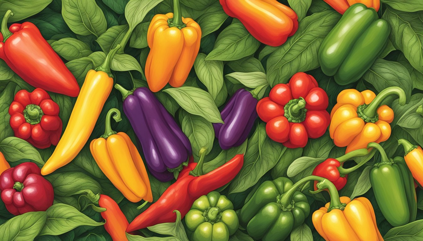 A variety of peppers, ranging from mild to spicy, growing on lush green plants in a vibrant garden setting