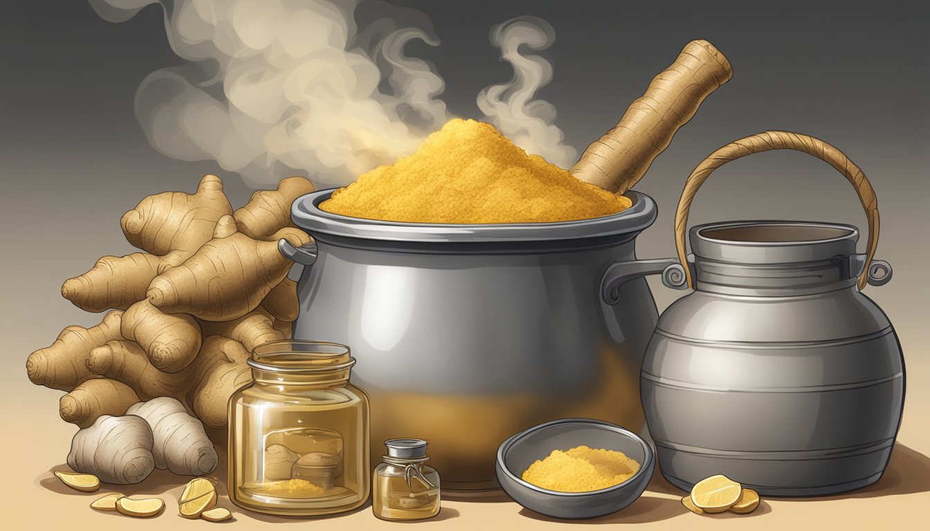 A pile of ginger roots surrounded by steam rising from a boiling pot, with a mortar and pestle nearby and a jar of golden liquid labeled "Ginger Extract."