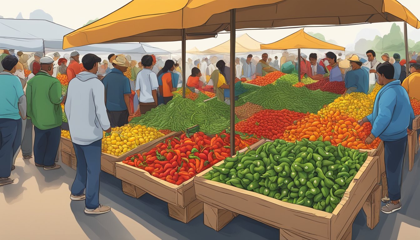 A vibrant market stall filled with a colorful array of peppers from around the world, attracting a diverse crowd of people