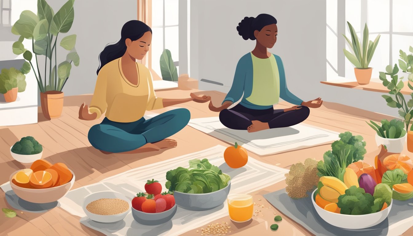 A person preparing a balanced meal with fresh fruits, vegetables, and whole grains, alongside a person practicing yoga or meditation for stress relief