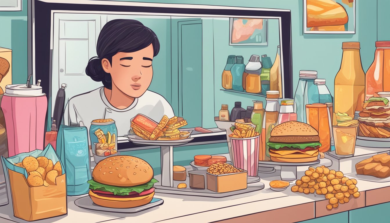 A table filled with inflammatory foods like sugary treats, processed snacks, and greasy fast food, next to a mirror reflecting a person's acne-prone skin