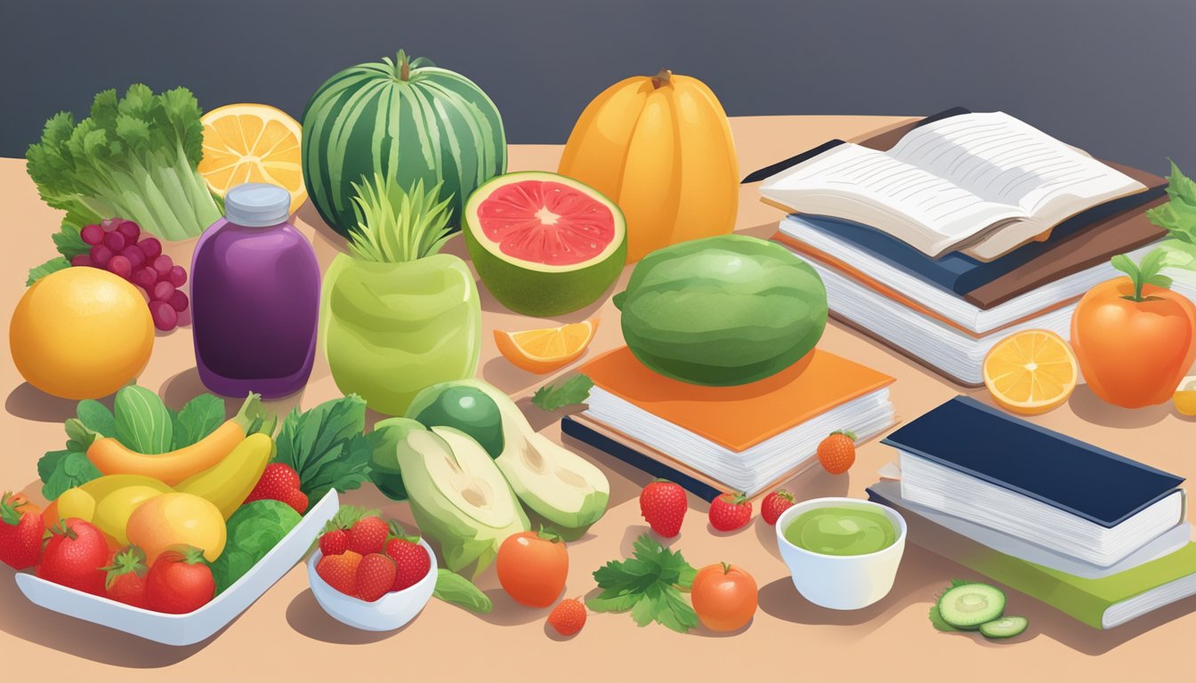 A table filled with various fruits, vegetables, and healthy foods, alongside skincare products and medical textbooks