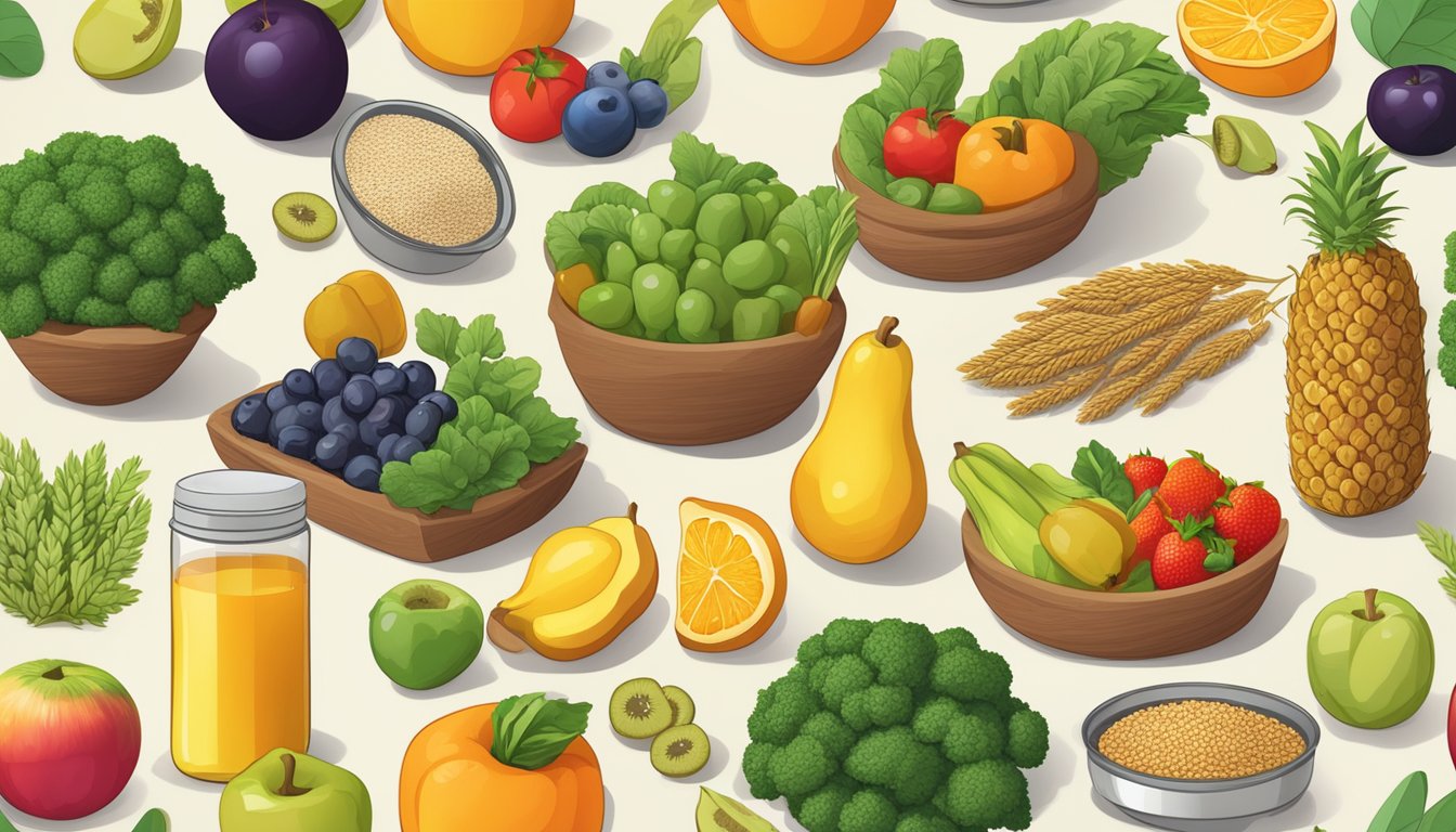 A table filled with colorful fruits, vegetables, and whole grains, alongside a variety of vitamins and supplements