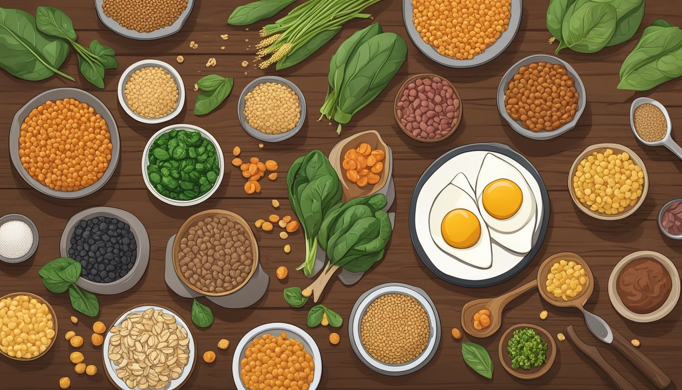 A variety of iron-rich foods arranged on a wooden table, including spinach, lentils, red meat, and fortified cereals