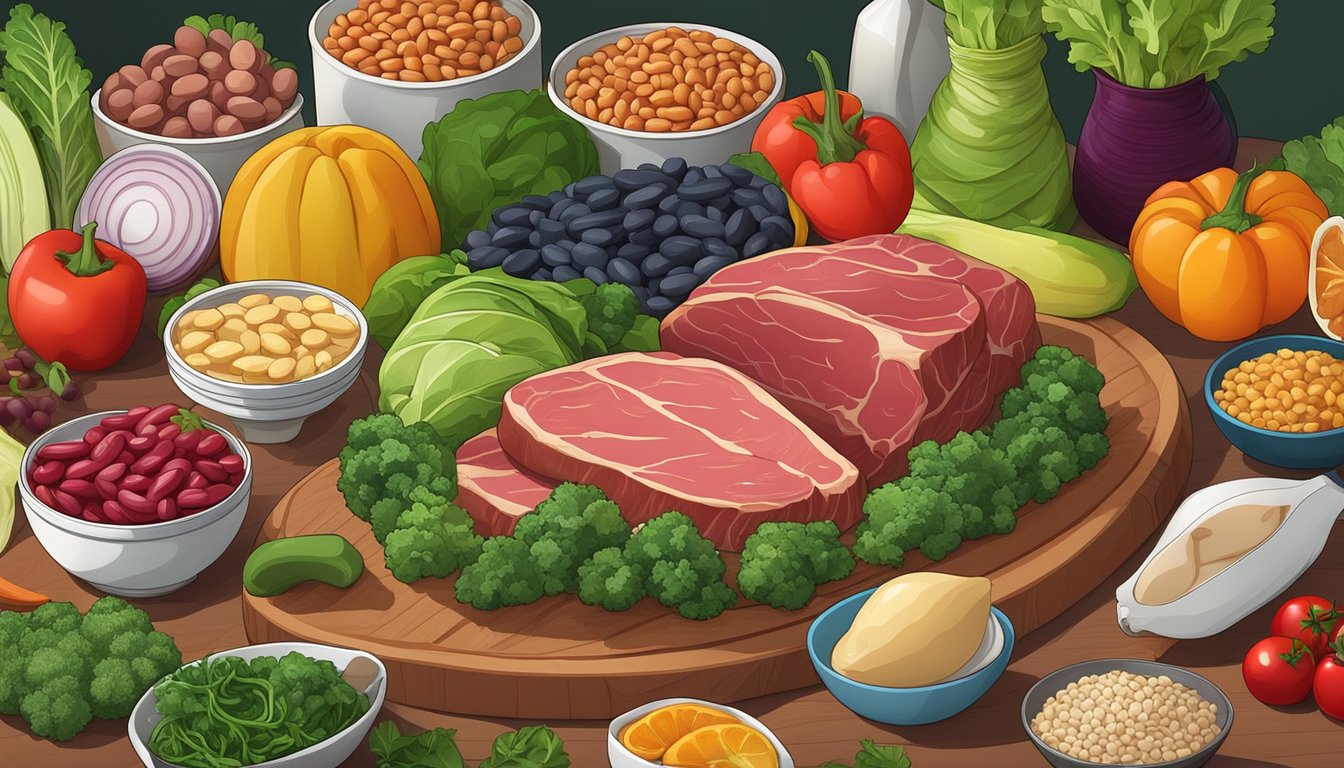 A variety of foods rich in iron, such as red meat, beans, and leafy greens, arranged on a table with colorful fruits and vegetables