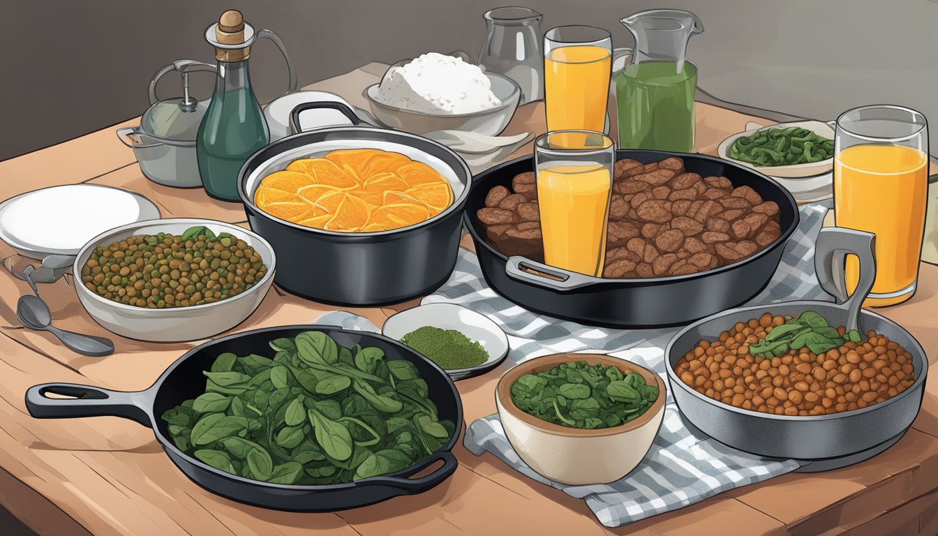 A table set with a variety of iron-rich foods such as spinach, lentils, and lean meats. A glass of orange juice and a cast-iron skillet are also present