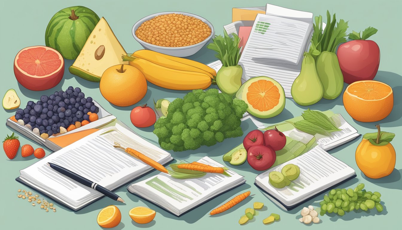 A table filled with various fruits, vegetables, and whole grains, surrounded by scientific journals and research papers on acne prevention and treatment