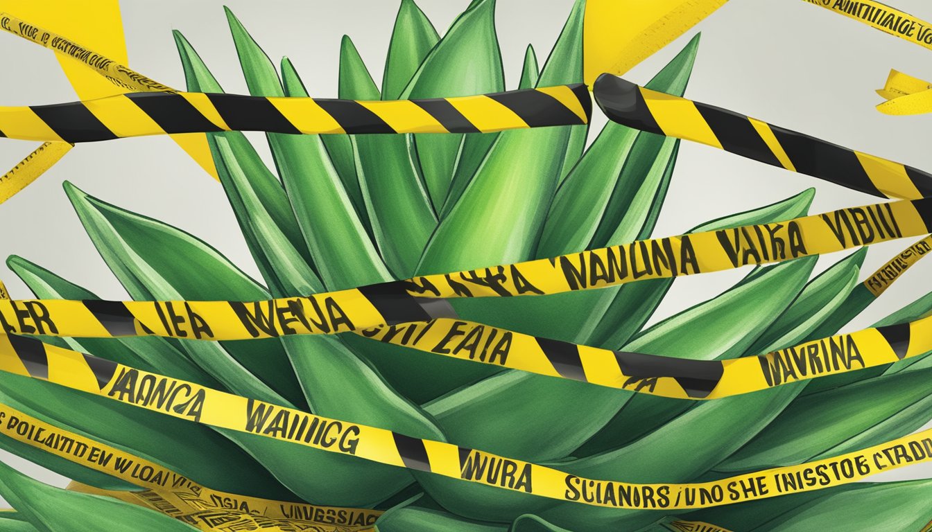 Aloe vera plant surrounded by warning signs and caution tape