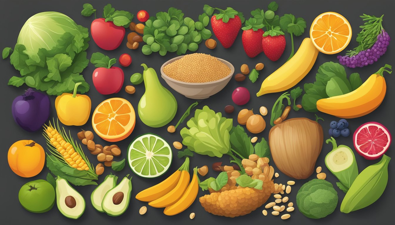 A colorful array of fruits, vegetables, whole grains, and legumes arranged on a table, with a prominent focus on fiber-rich foods